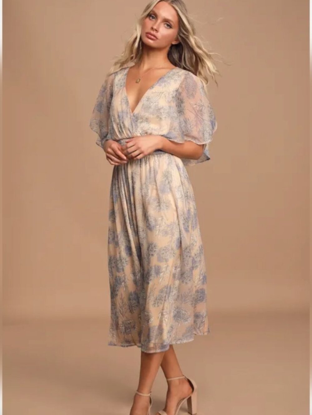 NWT Lulus Subtle Romance Beige Floral Print Ruffled Midi Dress - Women's X-Large